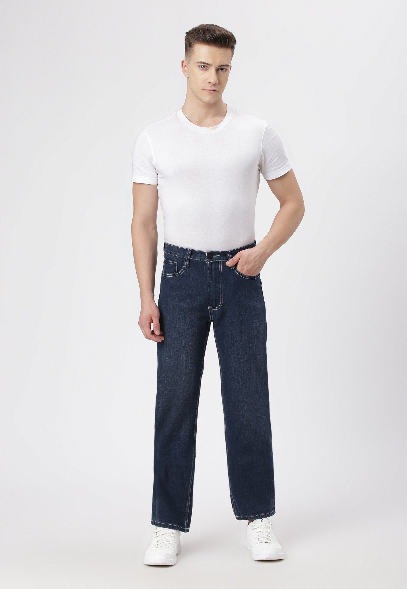 Dark Indigo Mid Rise Straight Jeans