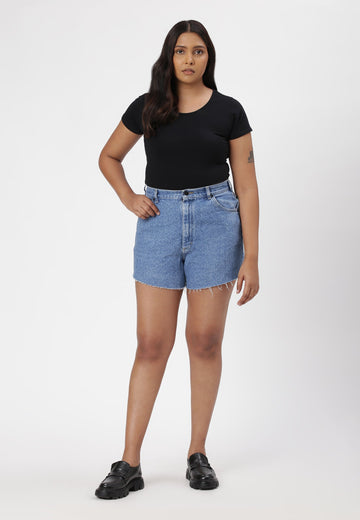 Mid Indigo High Rise Straight Denim Shorts