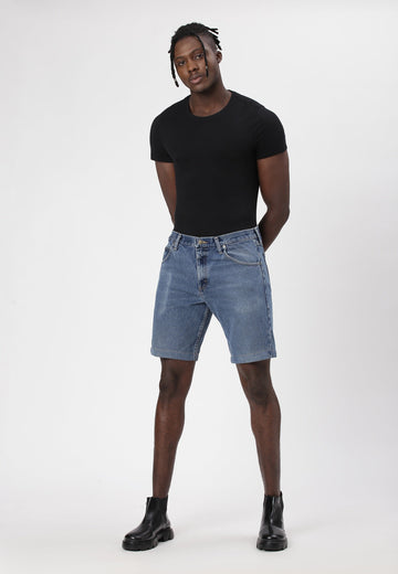 Mid Indigo High Rise Straight Denim Shorts