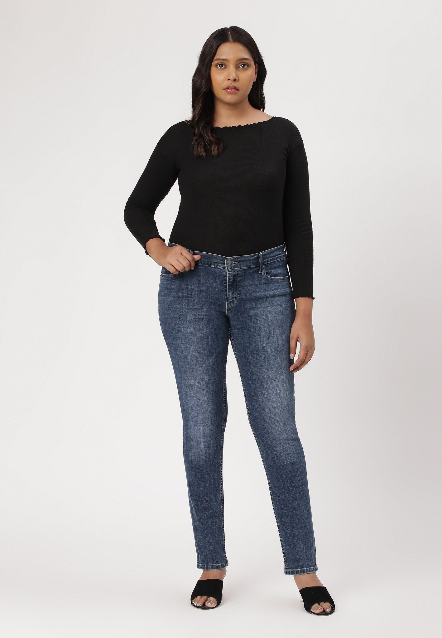 Dark Indigo Mid Rise Straight Jeans