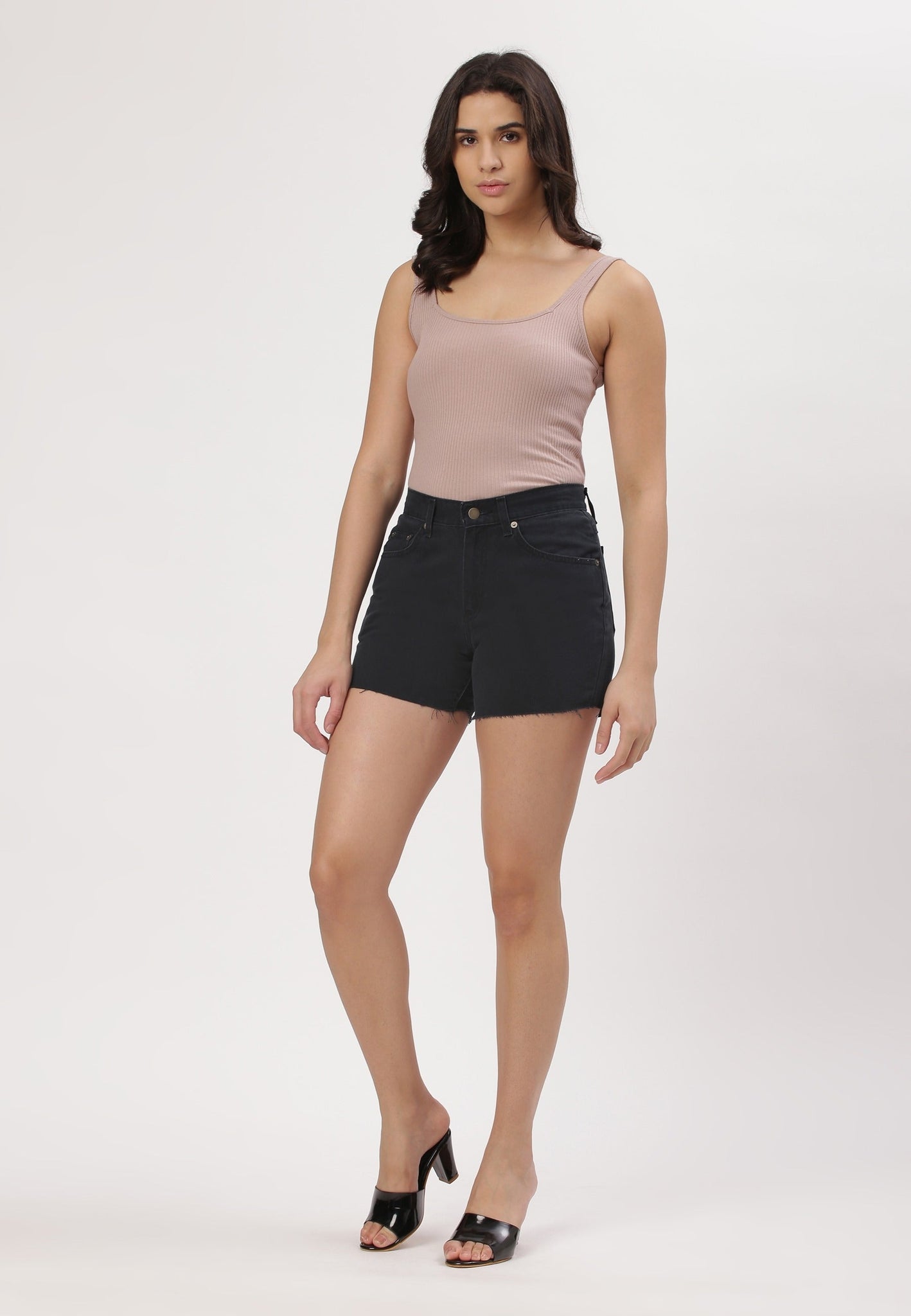 Black High Rise Straight Denim Shorts