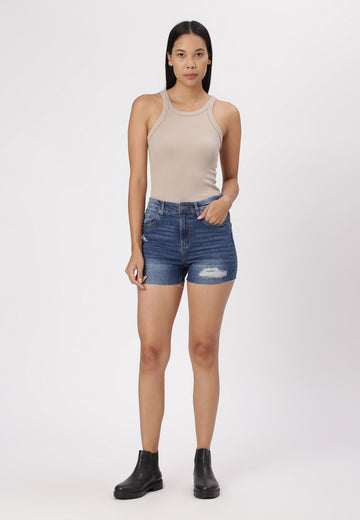 Dark Indigo High Rise Straight Denim Shorts