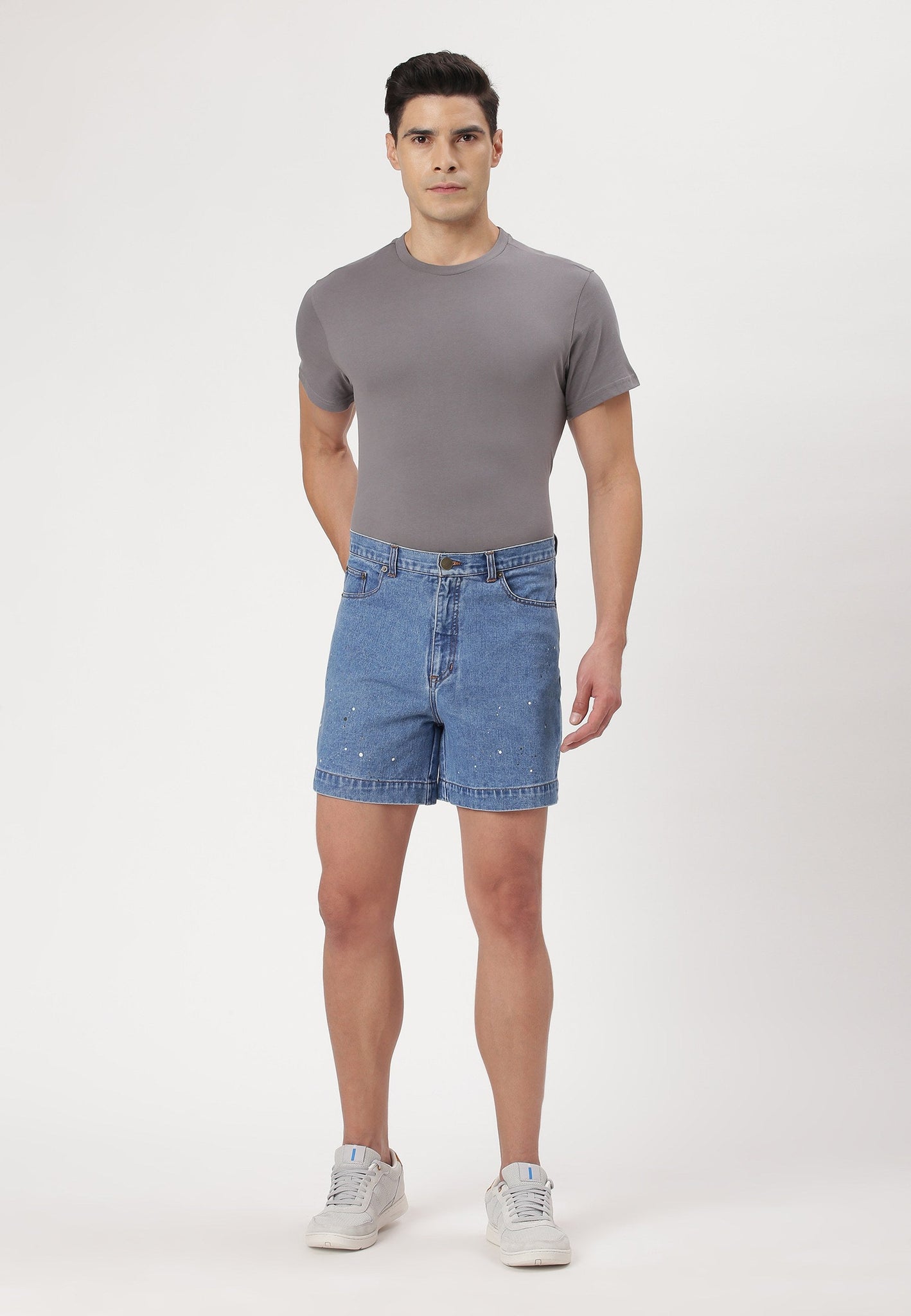 Mid Indigo High Rise Straight Denim Shorts