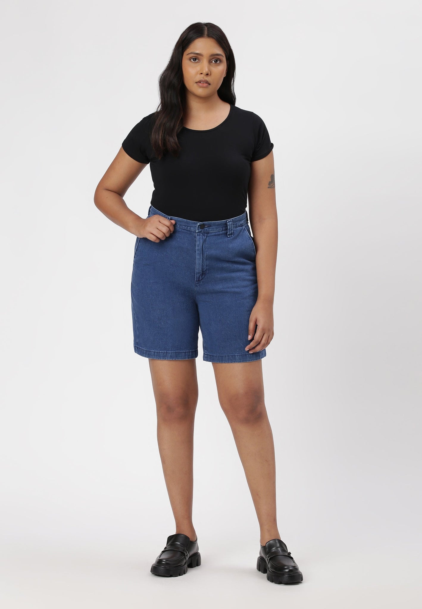 Mid Indigo High Rise Straight Denim Shorts