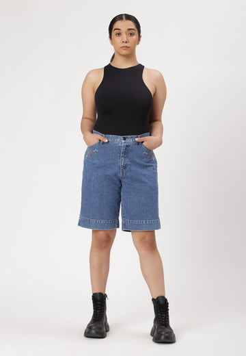 Mid Indigo High Rise Bermuda Denim Shorts