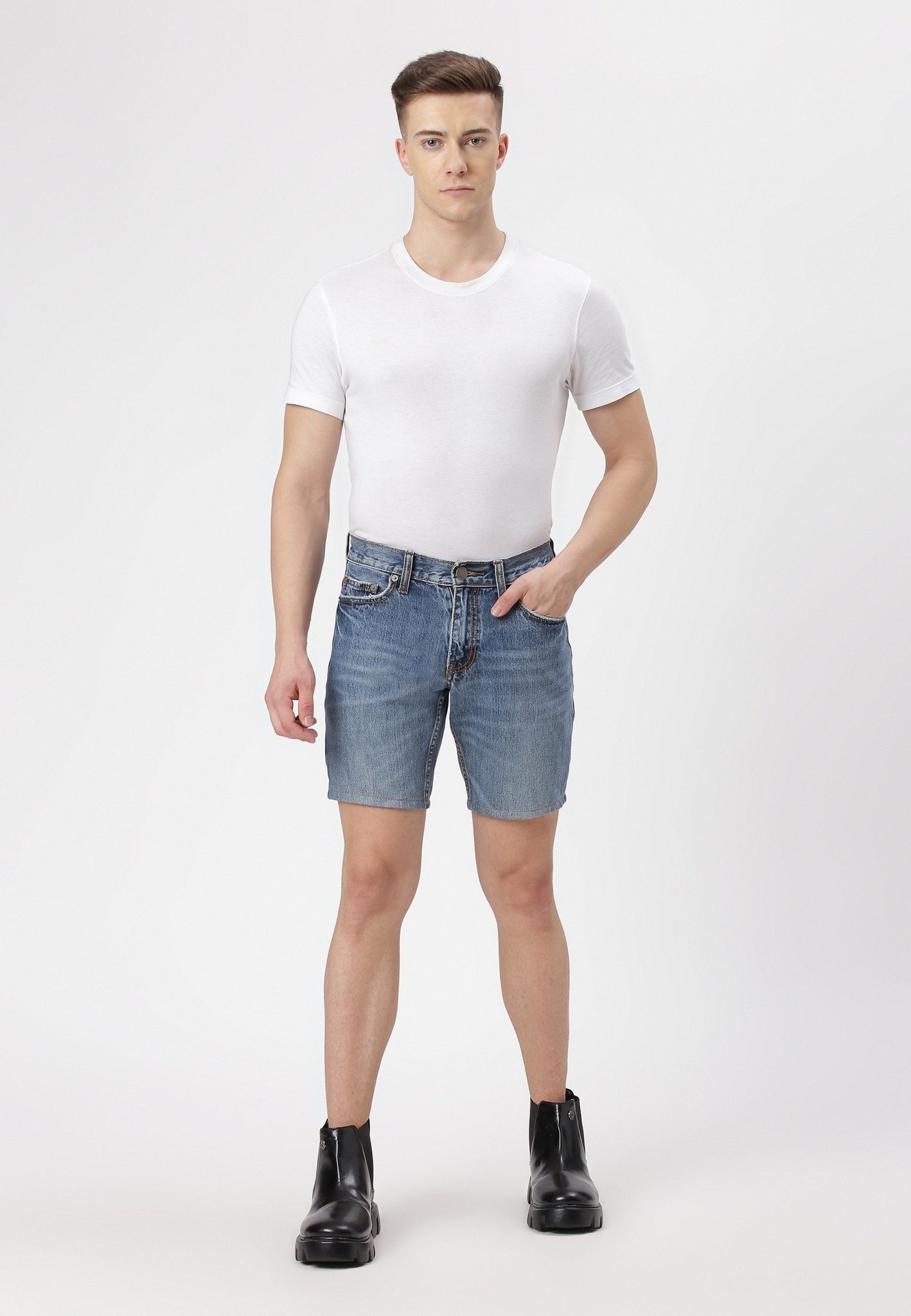 Mid Indigo Low Rise Straight Denim Shorts