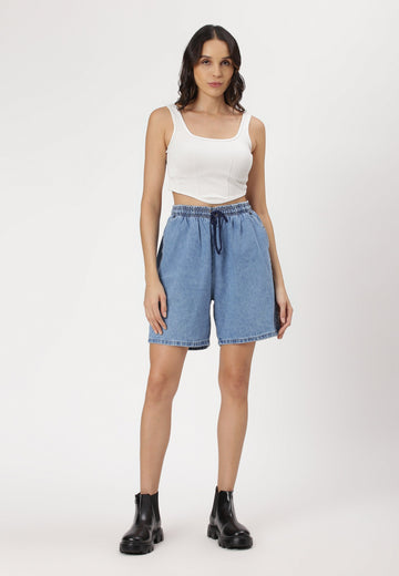 Light Indigo High Rise Baggy Denim Shorts