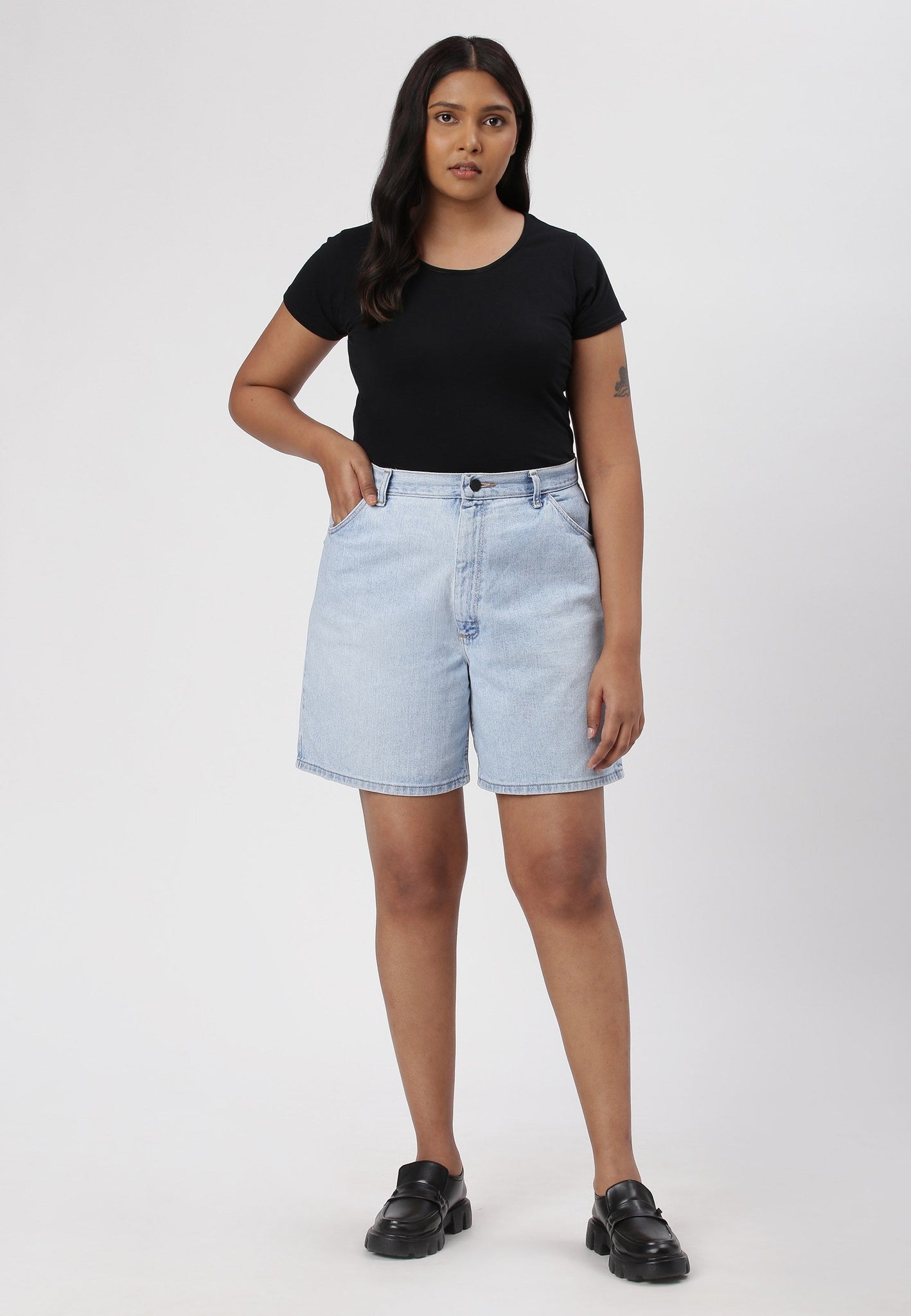 Light Indigo High Rise Mom Fit Denim Shorts