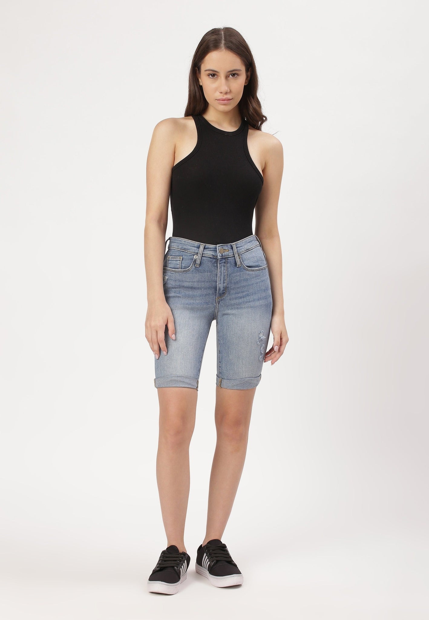 Mid Indigo Mid Rise Cycling Denim Shorts