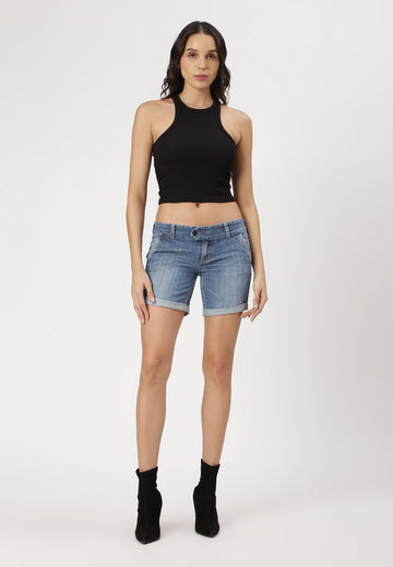 Mid Indigo Low Rise Straight Denim Shorts