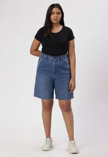 Dark Indigo High Rise Straight Denim Shorts