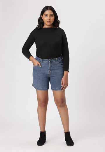 Mid Indigo High Rise Straight Denim Shorts