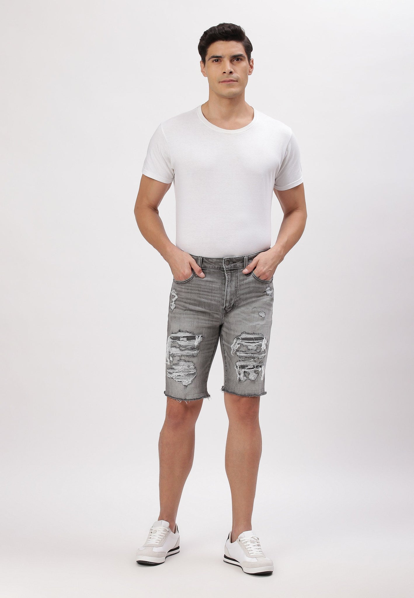 Grey Mid Rise Slim Denim Shorts