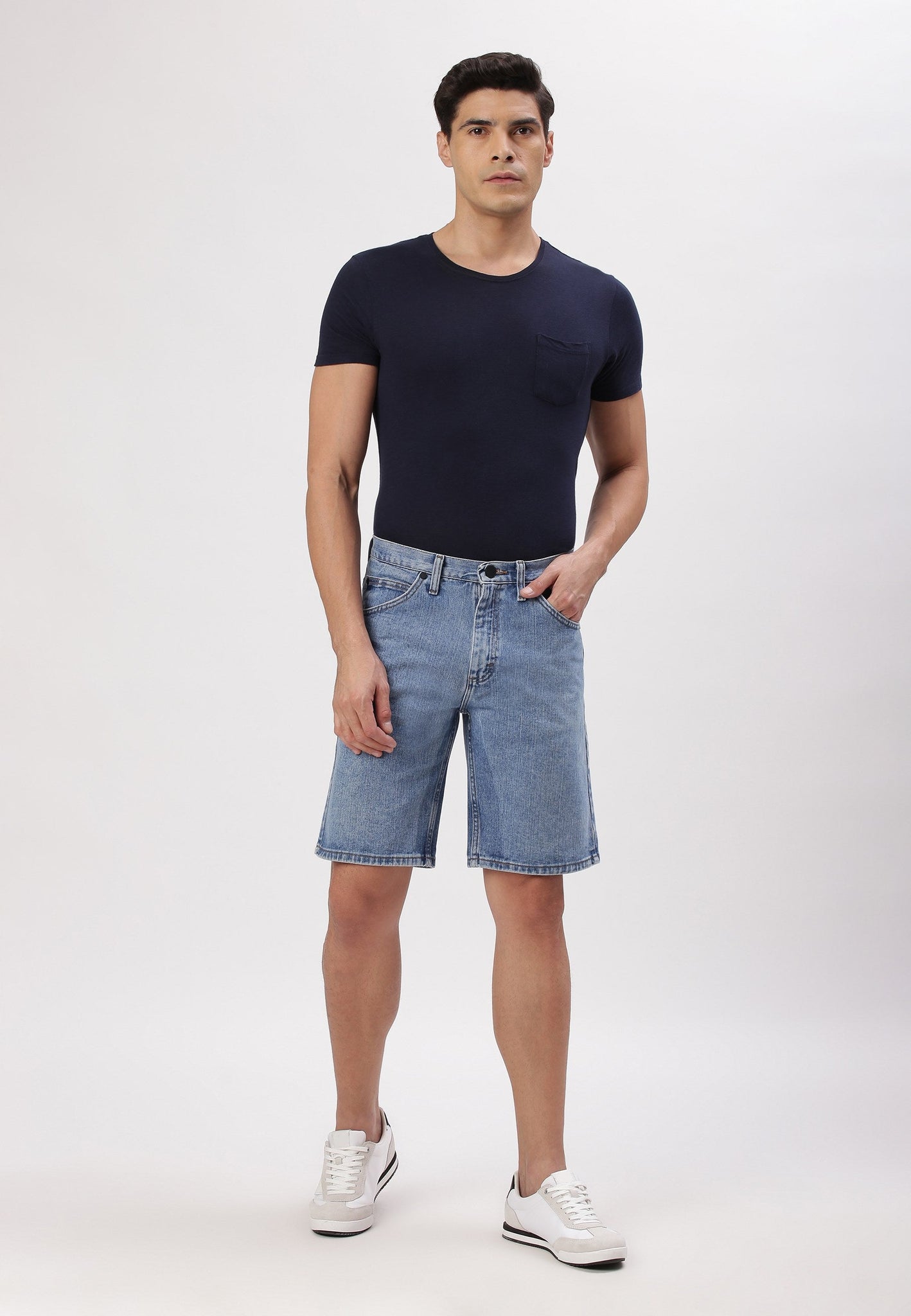 Mid Indigo Mid Rise Straight Denim Shorts