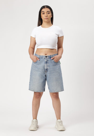 Light Indigo High Rise Bermuda Denim Shorts