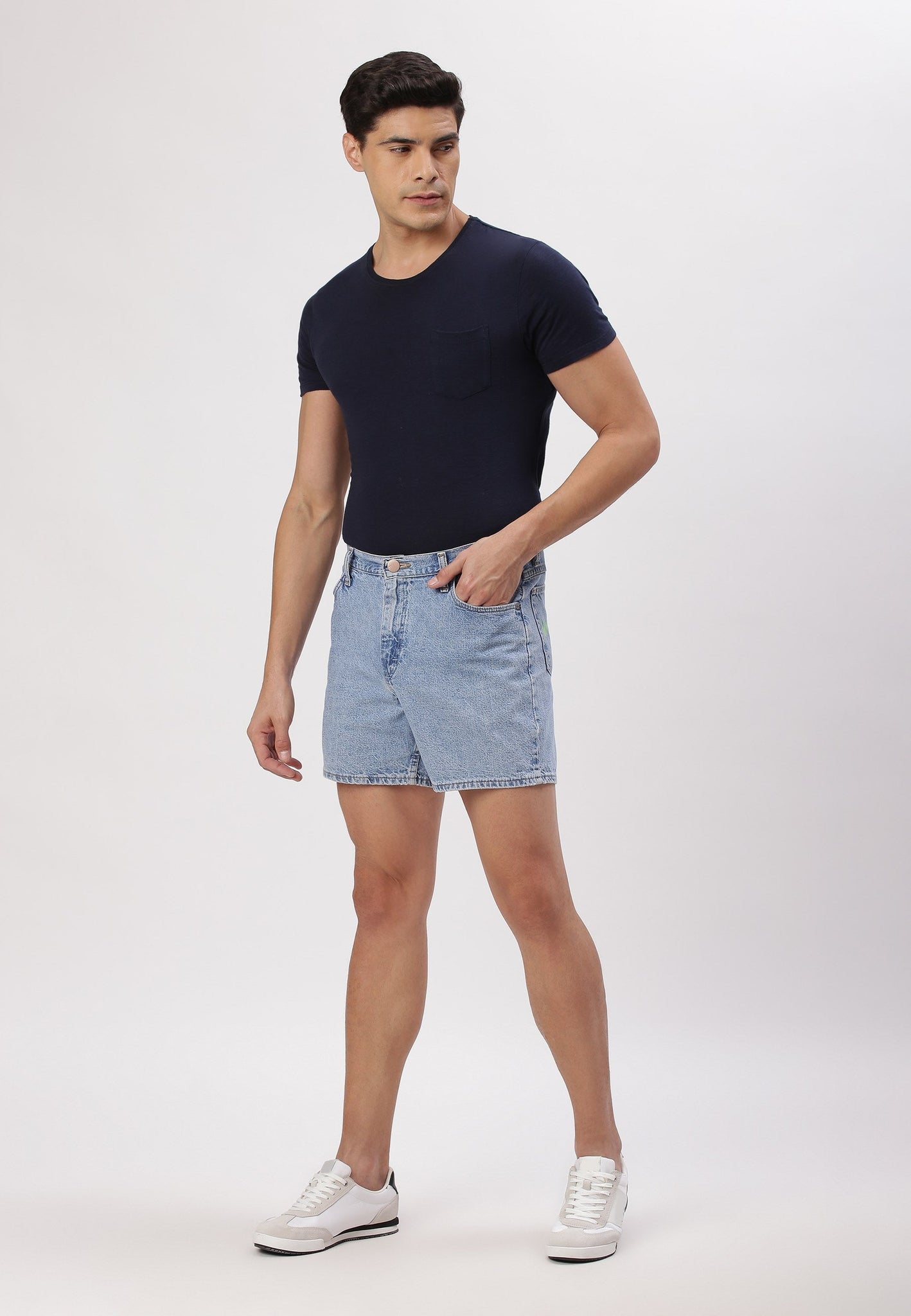 Light Indigo Mid Rise Straight Denim Shorts