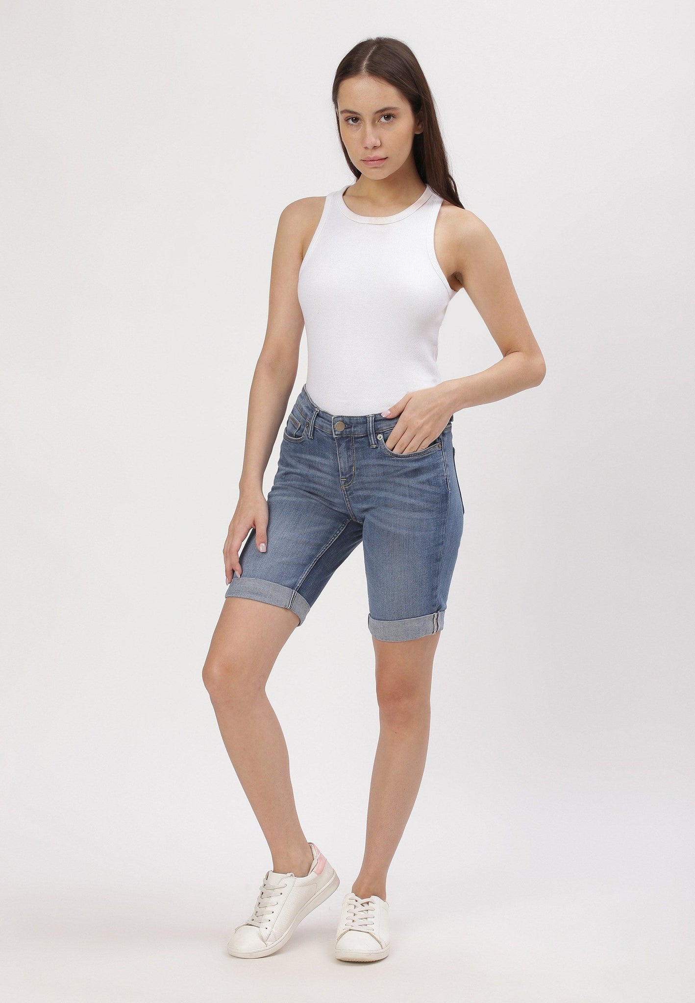 Mid Indigo Low Rise Cycling Denim Shorts