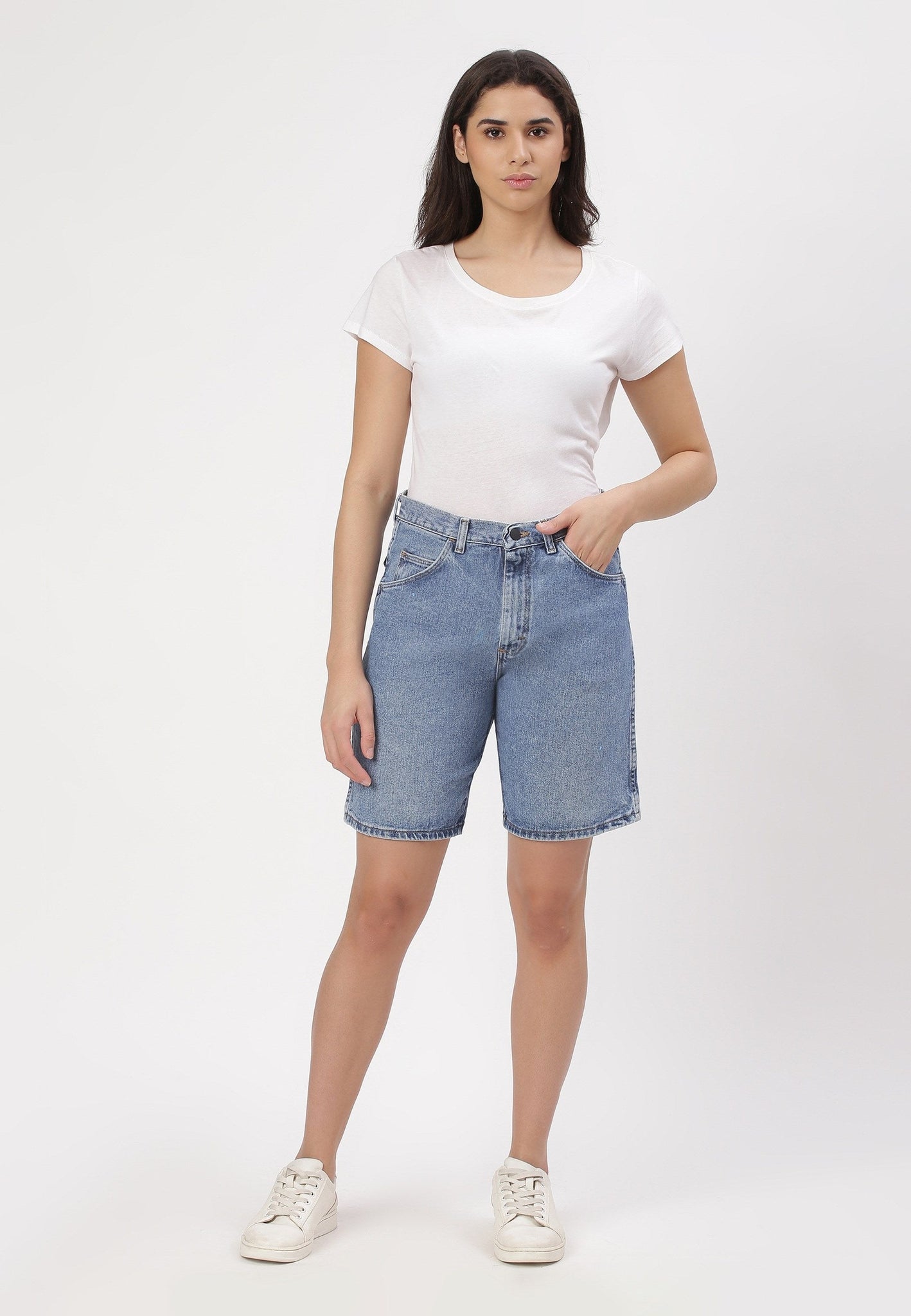 Mid Indigo High Rise Straight Denim Shorts