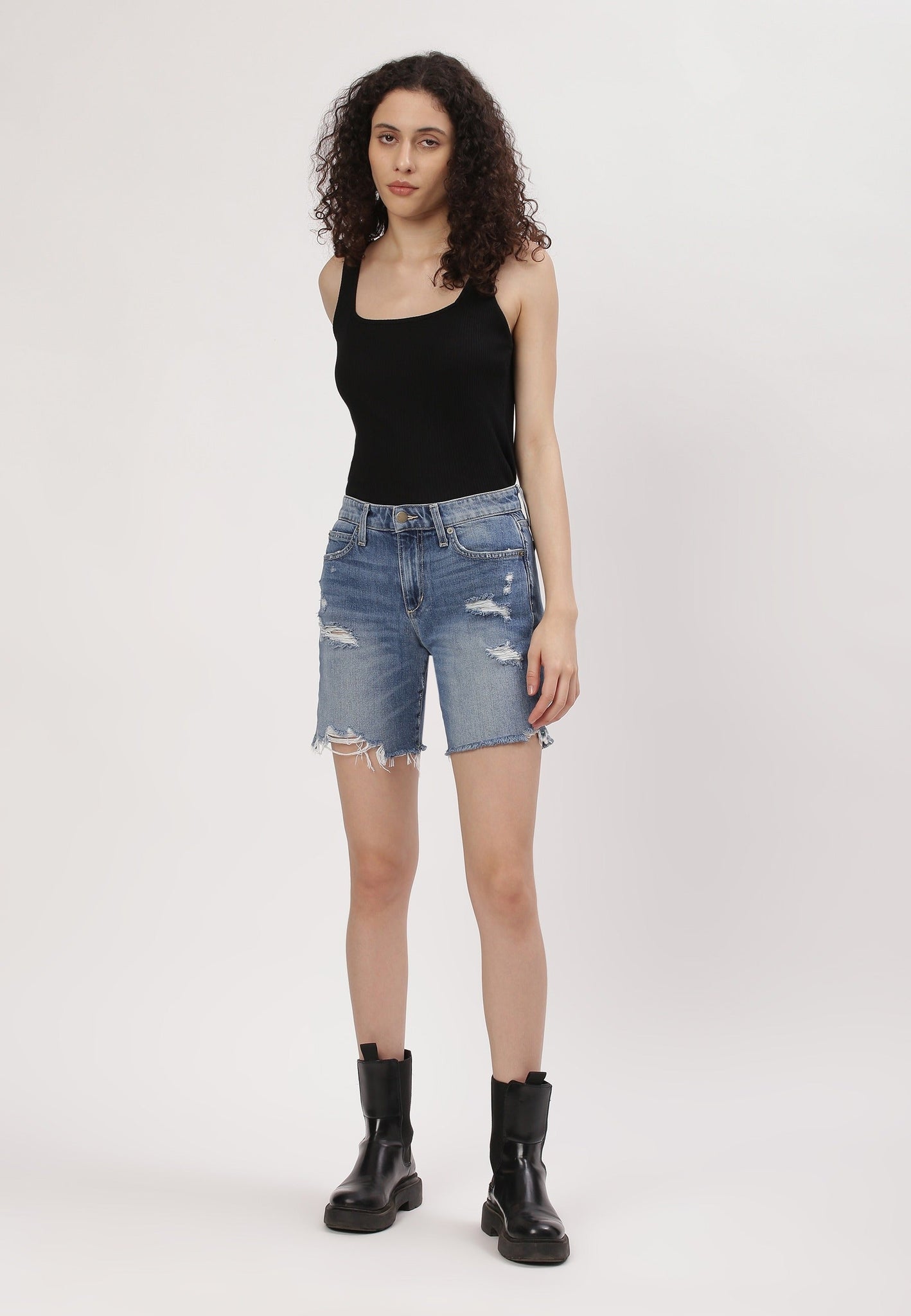 Mid Indigo Mid Rise Straight Denim Shorts