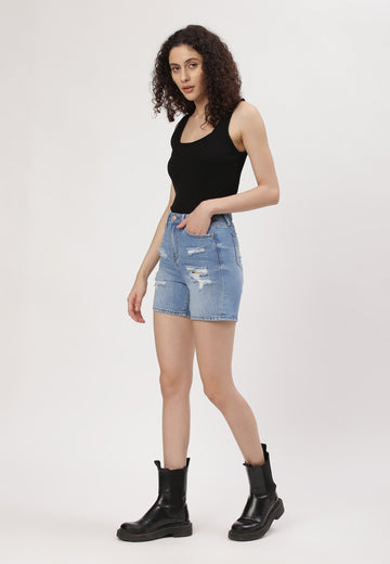 Light Indigo High Rise Straight Denim Shorts