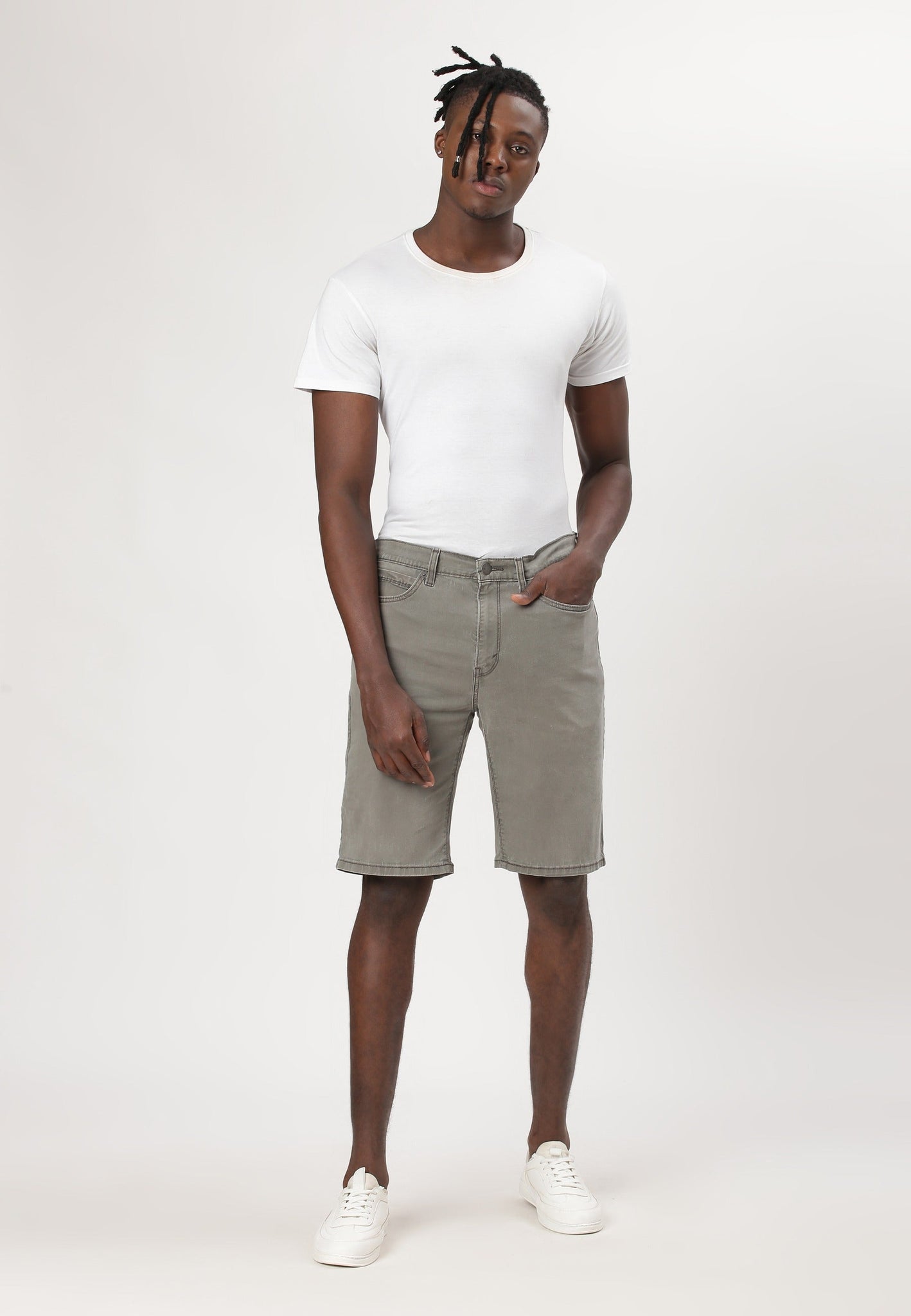 Grey Mid Rise Bermuda Denim Shorts