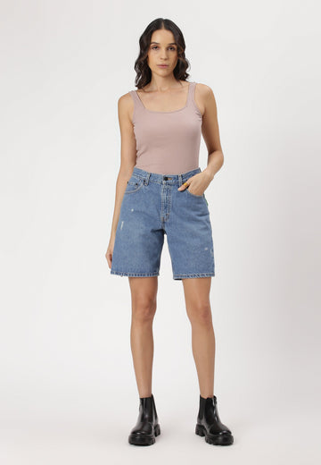 Mid Indigo High Rise Bermuda Denim Shorts