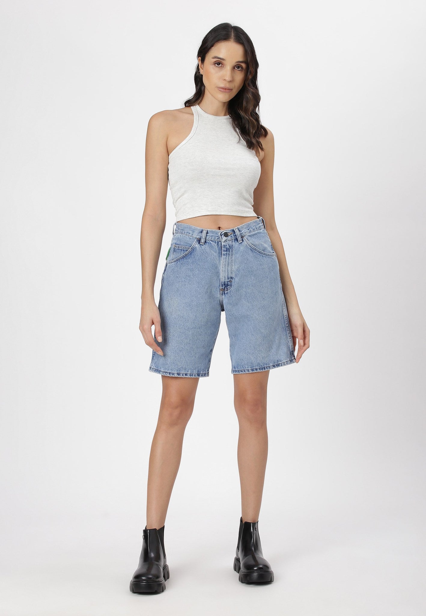 Light Indigo High Rise Straight Denim Shorts