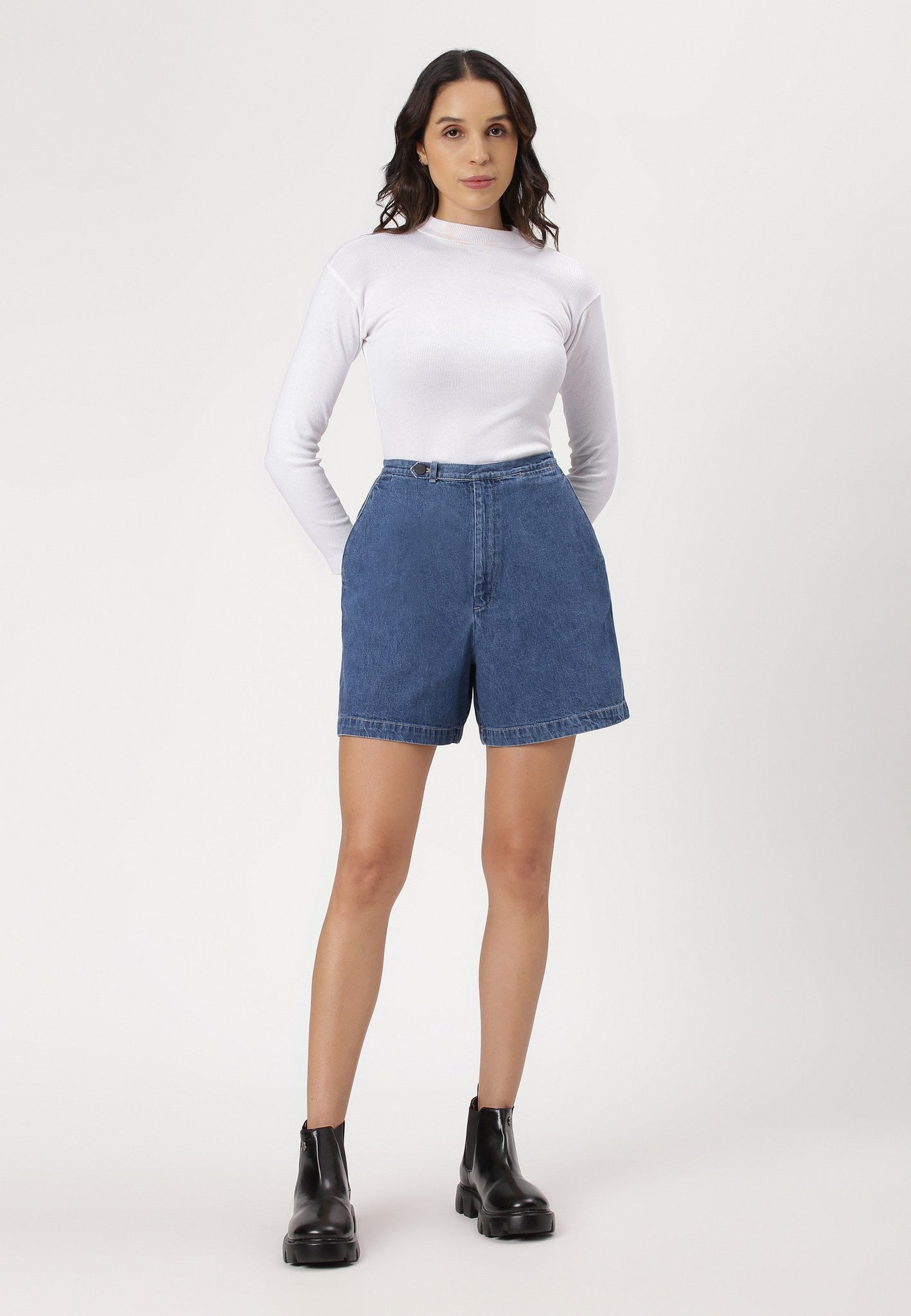 Mid Indigo High Rise Mom Fit Denim Shorts