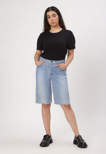 Light Indigo High Rise Straight Denim Shorts