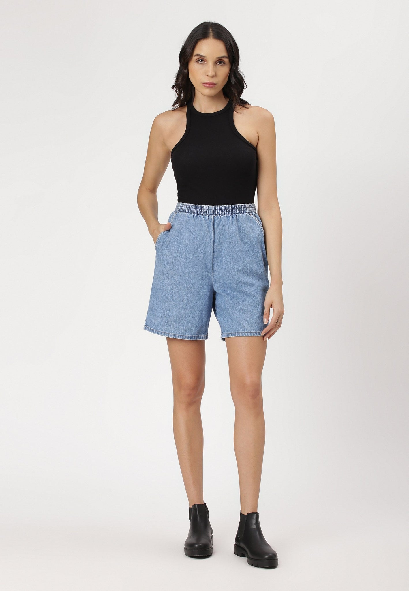 Light Indigo High Rise Straight Denim Shorts