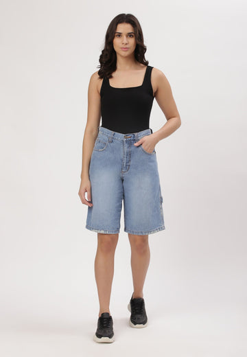 Mid Indigo High Rise Bermuda Denim Shorts