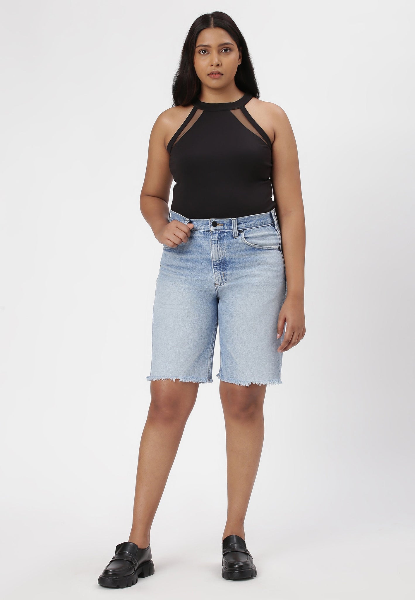 Light Indigo High Rise Straight Denim Shorts