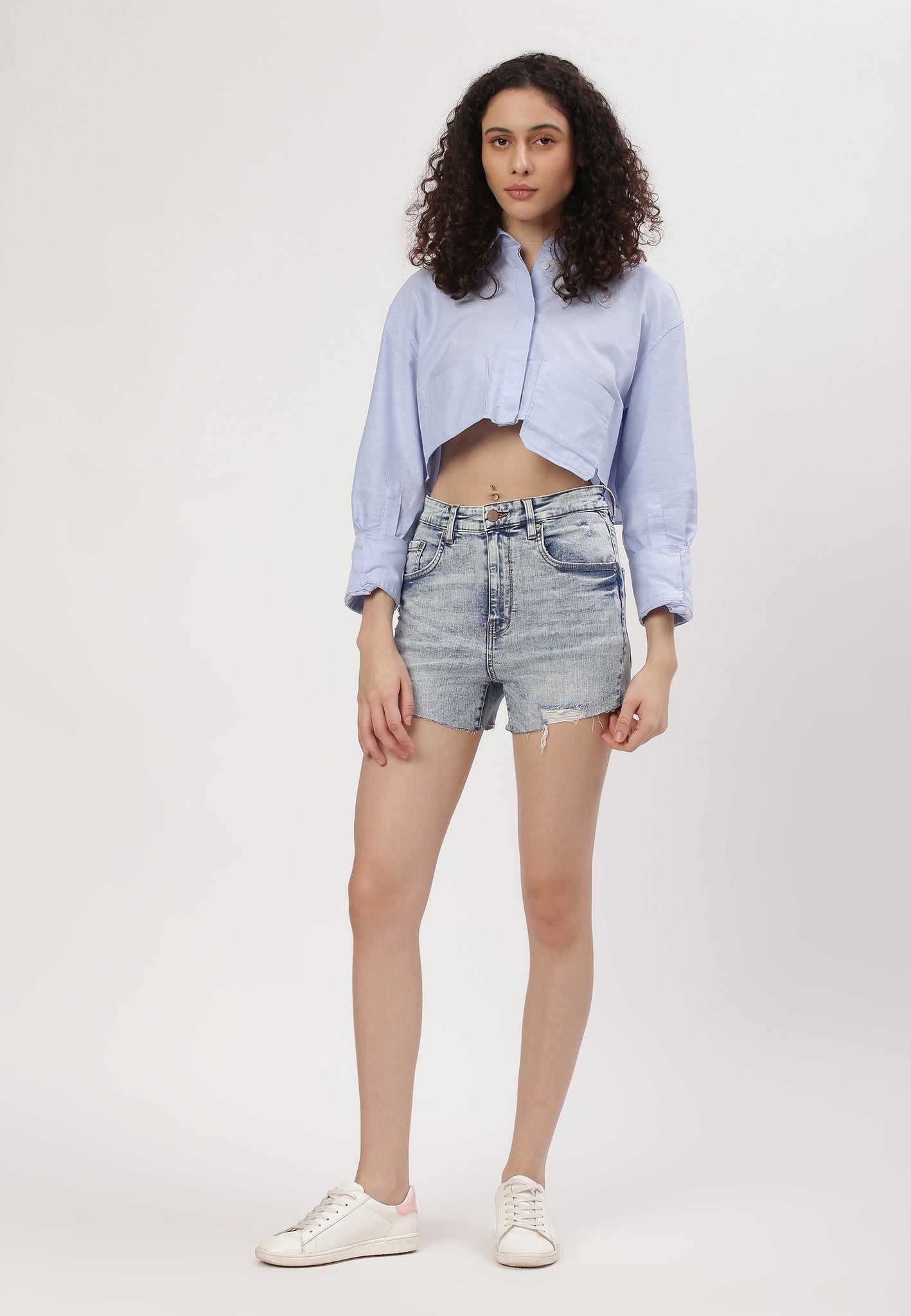 Light Indigo High Rise Straight Denim Shorts