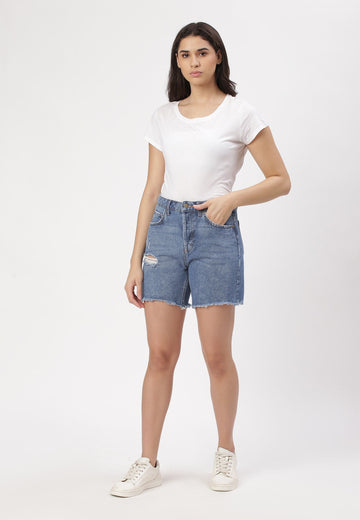 Mid Indigo High Rise Straight Denim Shorts