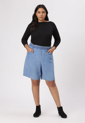 Light Indigo High Rise Baggy Denim Shorts