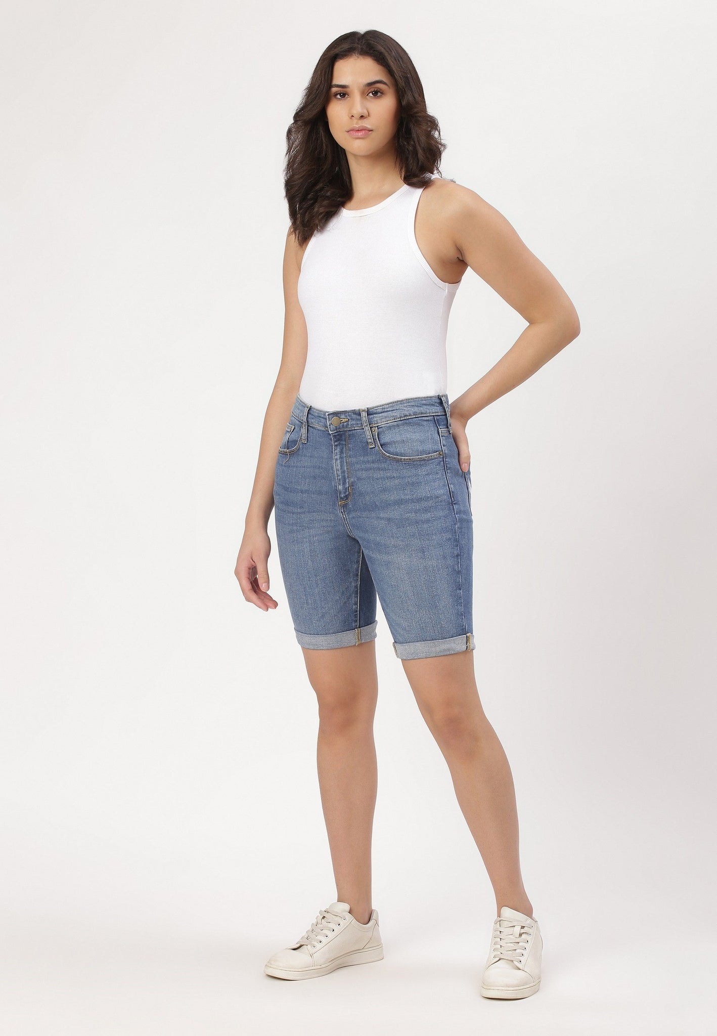 Mid Indigo Mid Rise Cycling Denim Shorts