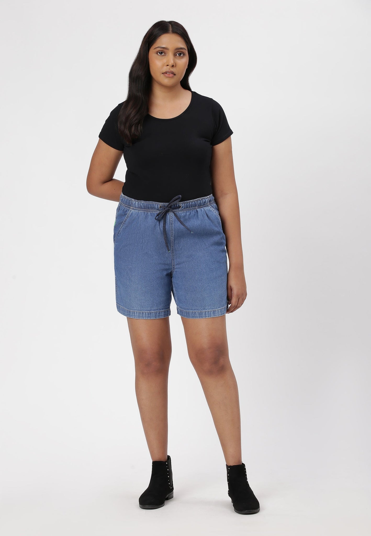 Mid Indigo High Rise Straight Denim Shorts