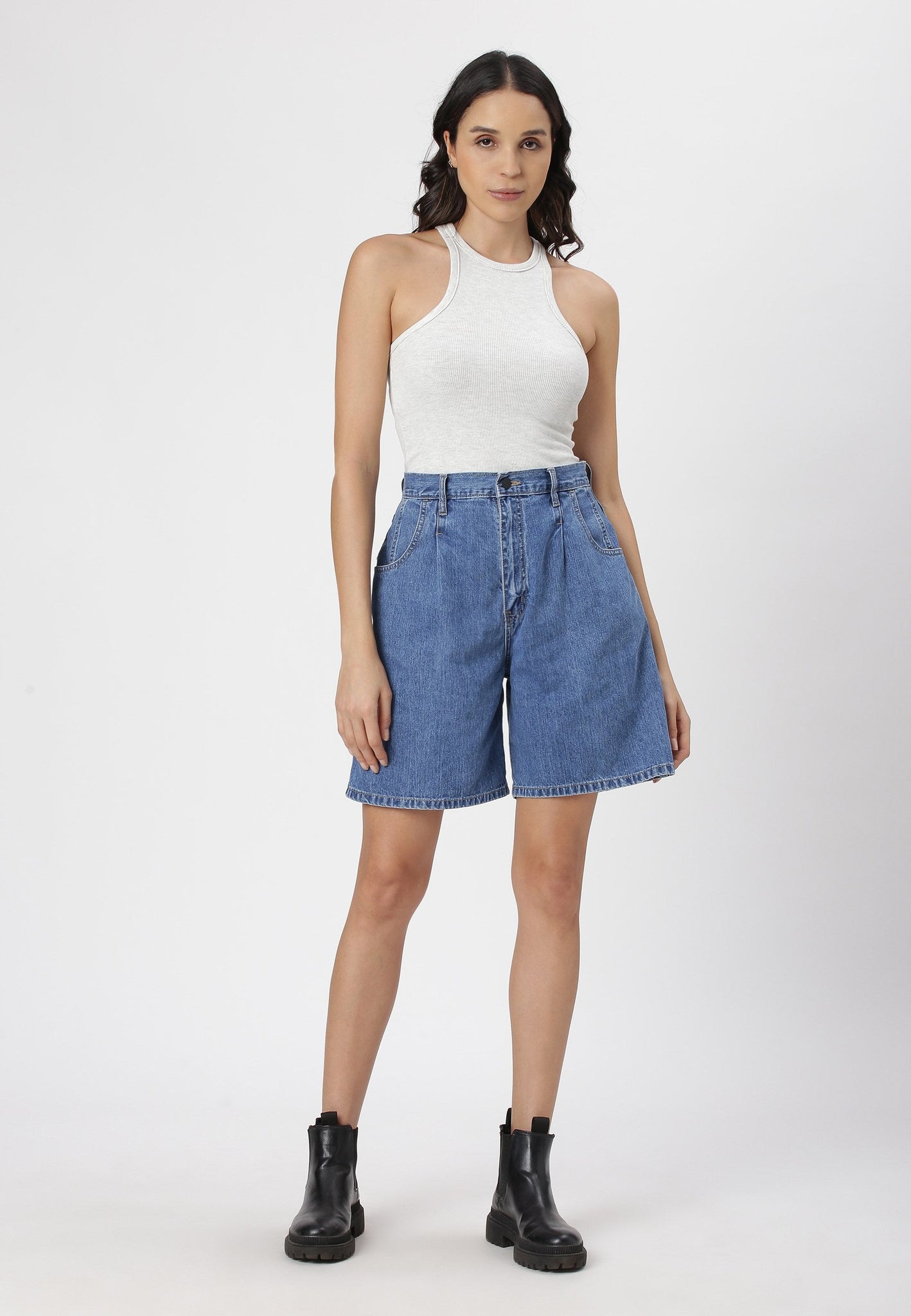 Mid Indigo High Rise Baggy Denim Shorts