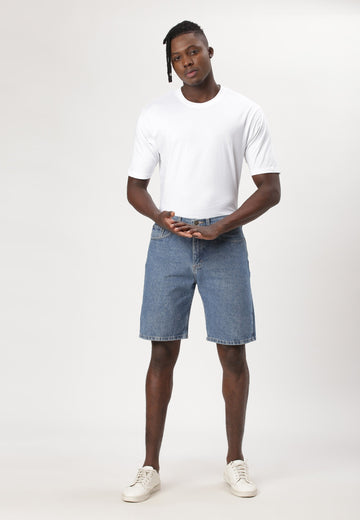 Mid Indigo High Rise Straight Denim Shorts