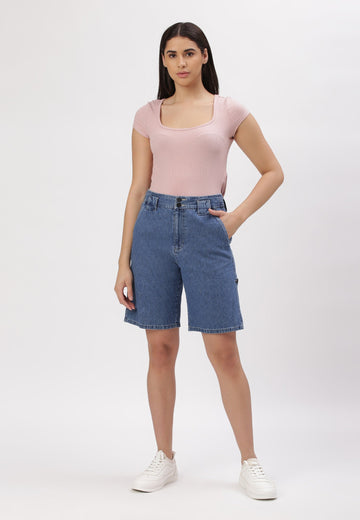 Mid Indigo High Rise Bermuda Denim Shorts