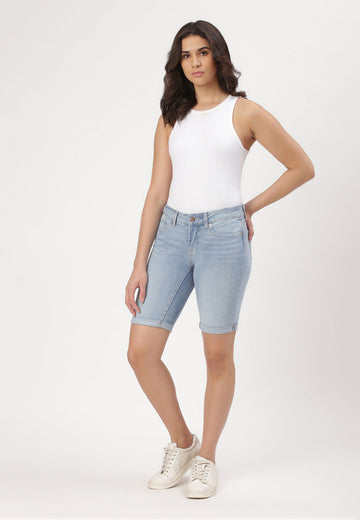 Light Indigo Low Rise Cycling Denim Shorts