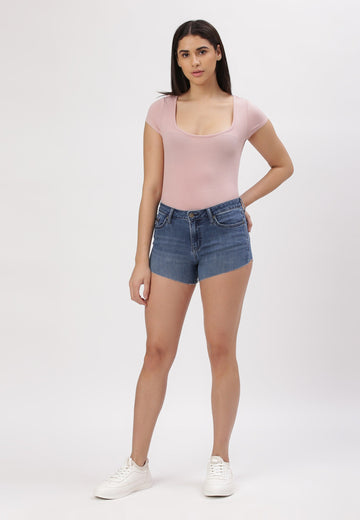 Mid Indigo Mid Rise Straight Denim Shorts