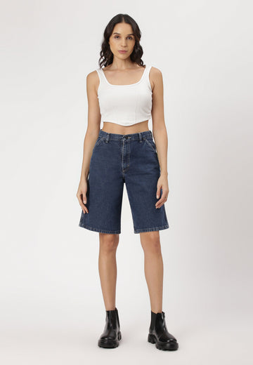 Mid Indigo High Rise Bermuda Denim Shorts