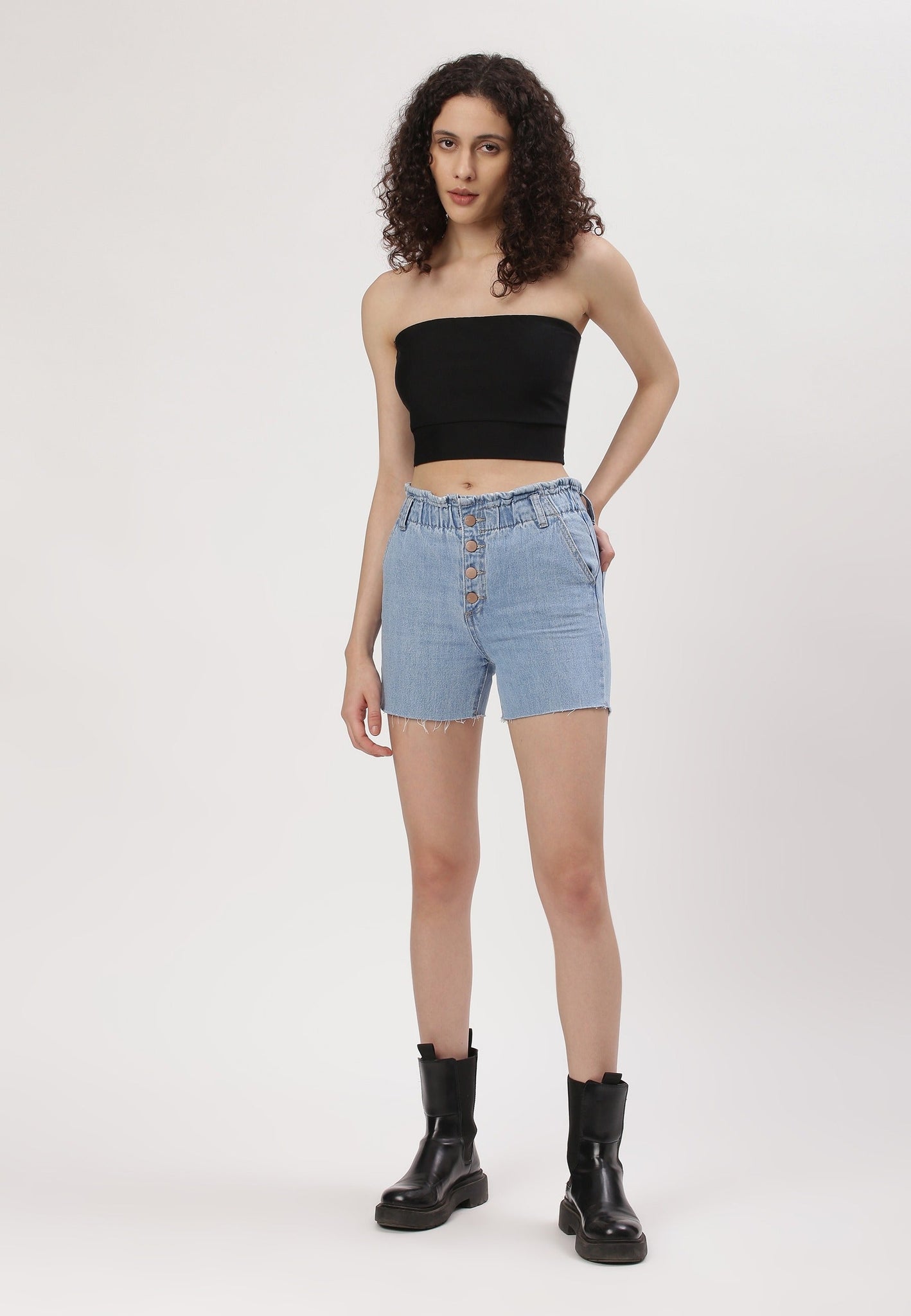 Light Indigo High Rise Straight Denim Shorts