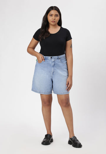 Light Indigo High Rise Baggy Denim Shorts