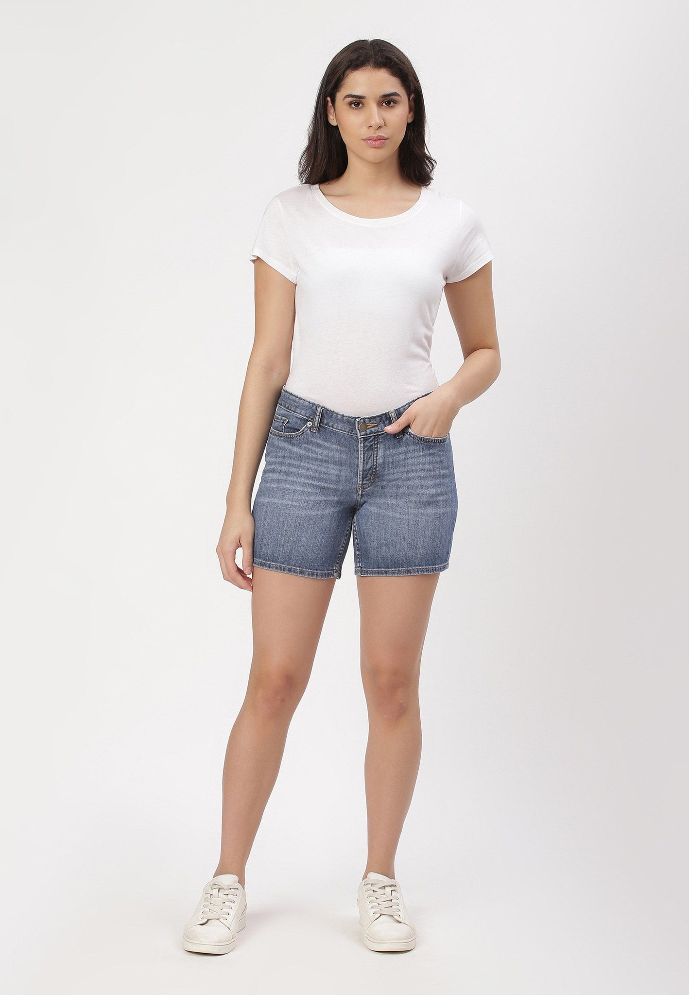 Mid Indigo Low Rise Straight Denim Shorts