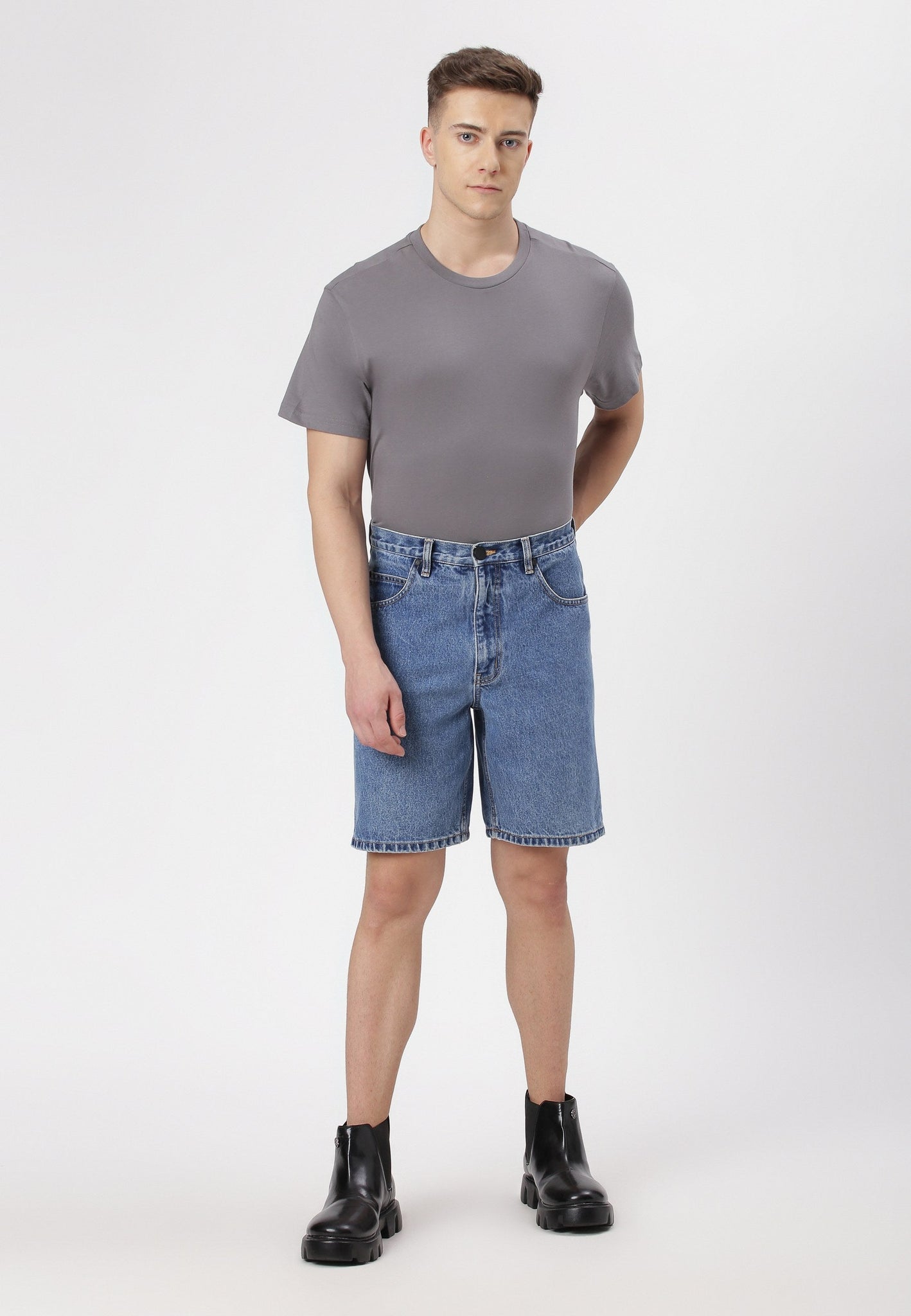 Mid Indigo High Rise Straight Denim Shorts