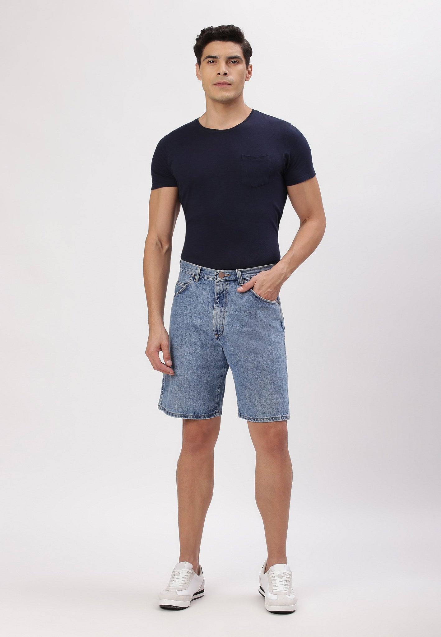 Light Indigo High Rise Straight Denim Shorts