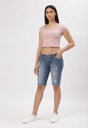 Mid Indigo Low Rise Cycling Denim Shorts