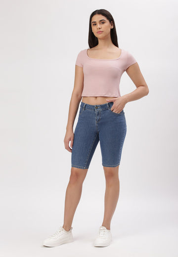 Mid Indigo Low Rise Cycling Denim Shorts